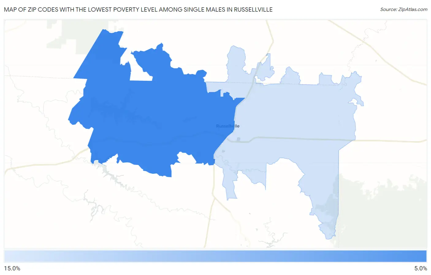 Zip Codes with the Lowest Poverty Level Among Single Males in Russellville Map