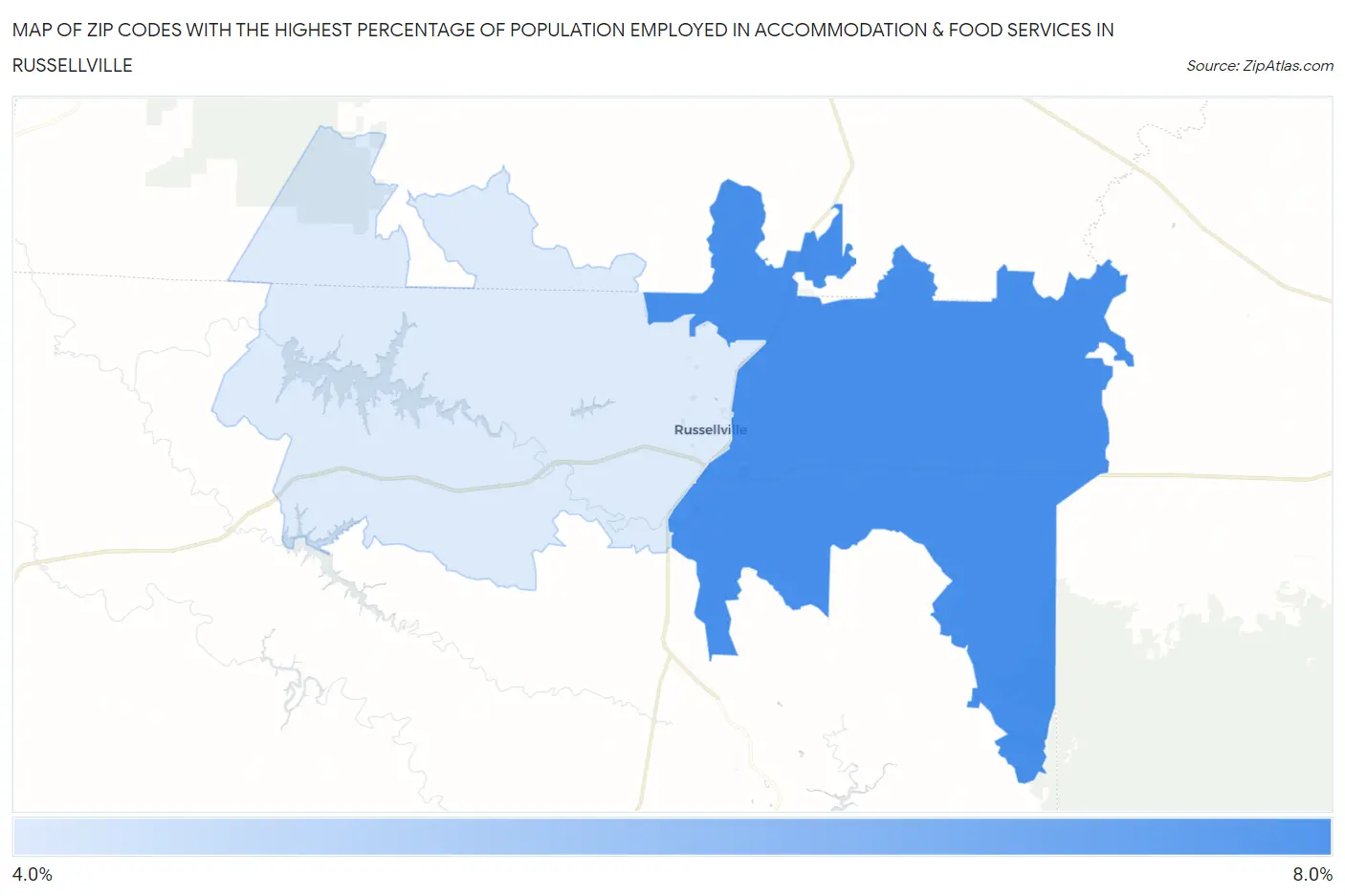 Zip Codes with the Highest Percentage of Population Employed in Accommodation & Food Services in Russellville Map