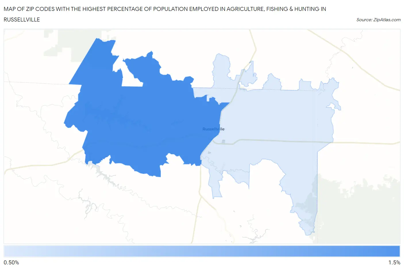 Zip Codes with the Highest Percentage of Population Employed in Agriculture, Fishing & Hunting in Russellville Map