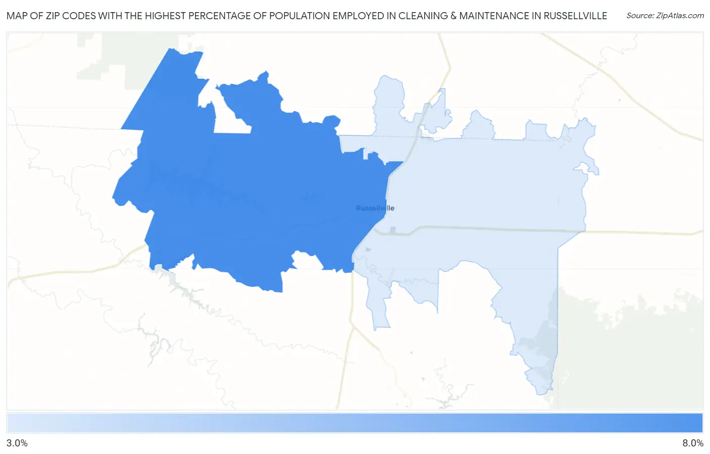 Zip Codes with the Highest Percentage of Population Employed in Cleaning & Maintenance in Russellville Map