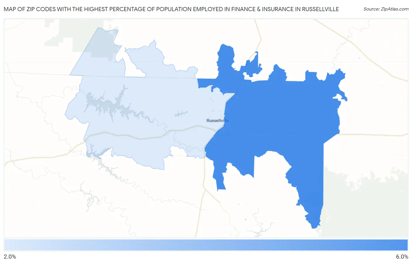 Zip Codes with the Highest Percentage of Population Employed in Finance & Insurance in Russellville Map