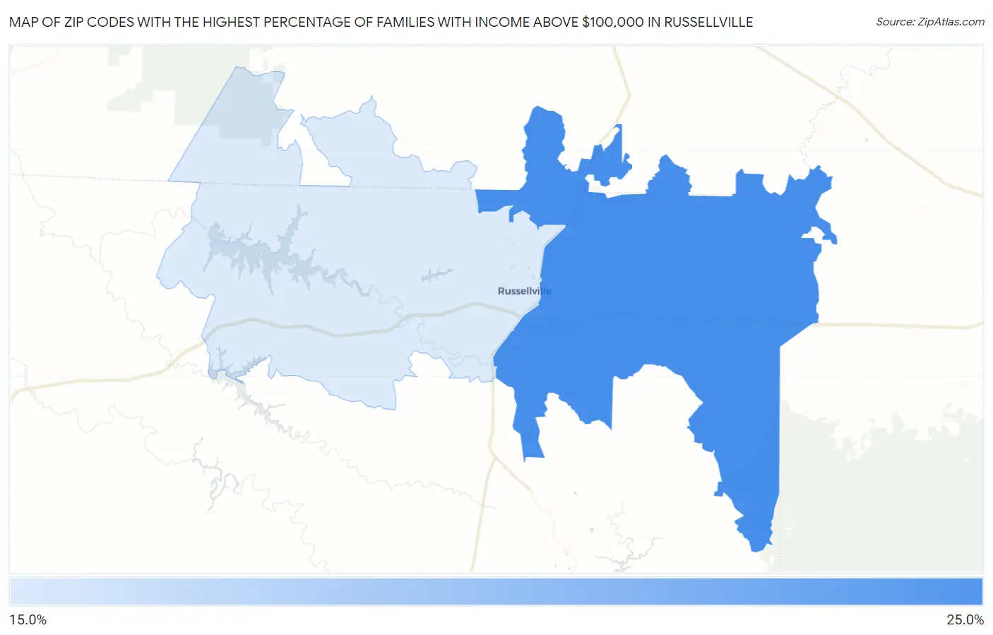 Zip Codes with the Highest Percentage of Families with Income Above $100,000 in Russellville Map