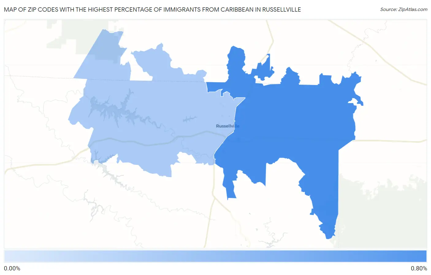 Zip Codes with the Highest Percentage of Immigrants from Caribbean in Russellville Map