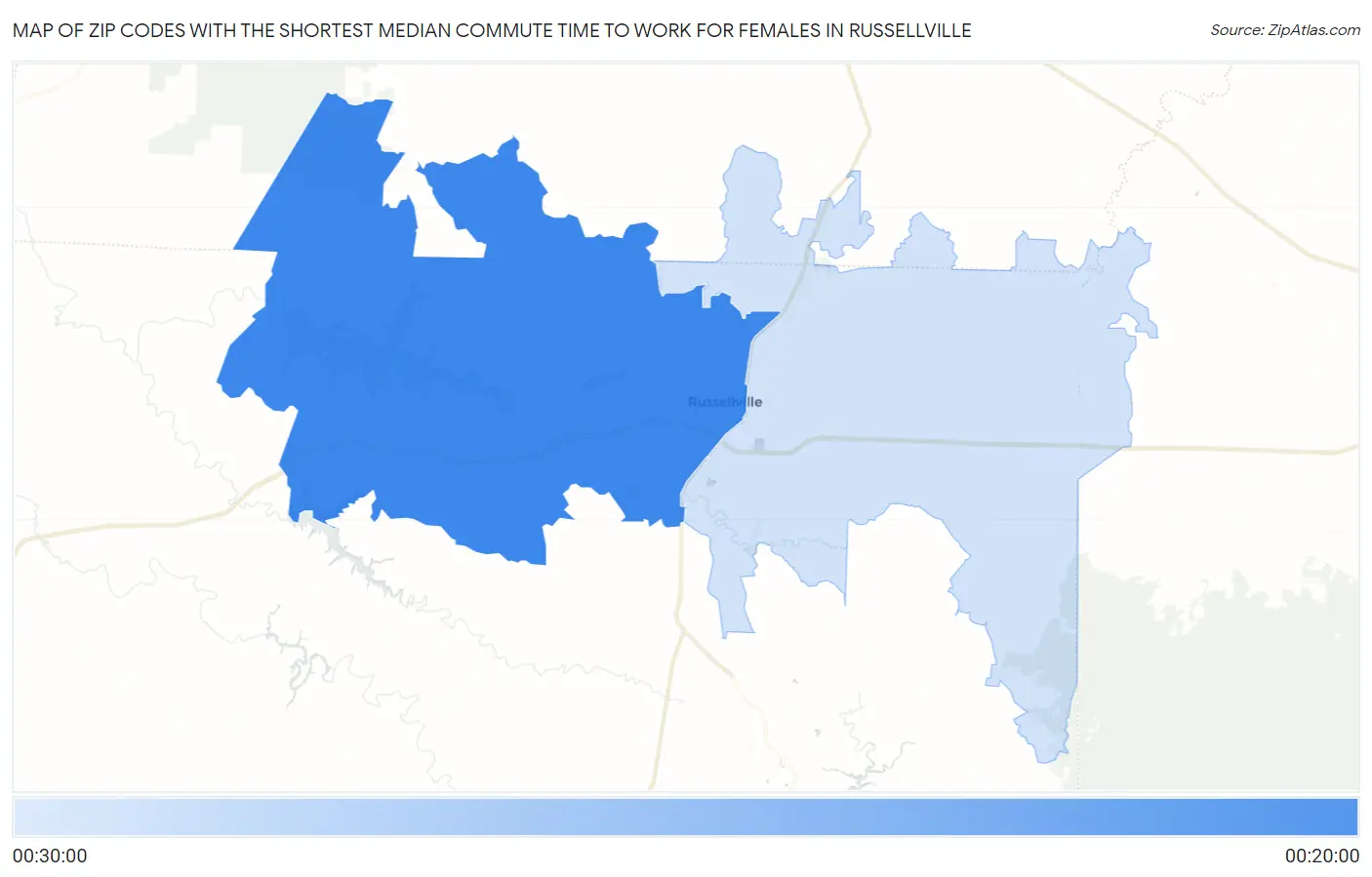 Zip Codes with the Shortest Median Commute Time to Work for Females in Russellville Map