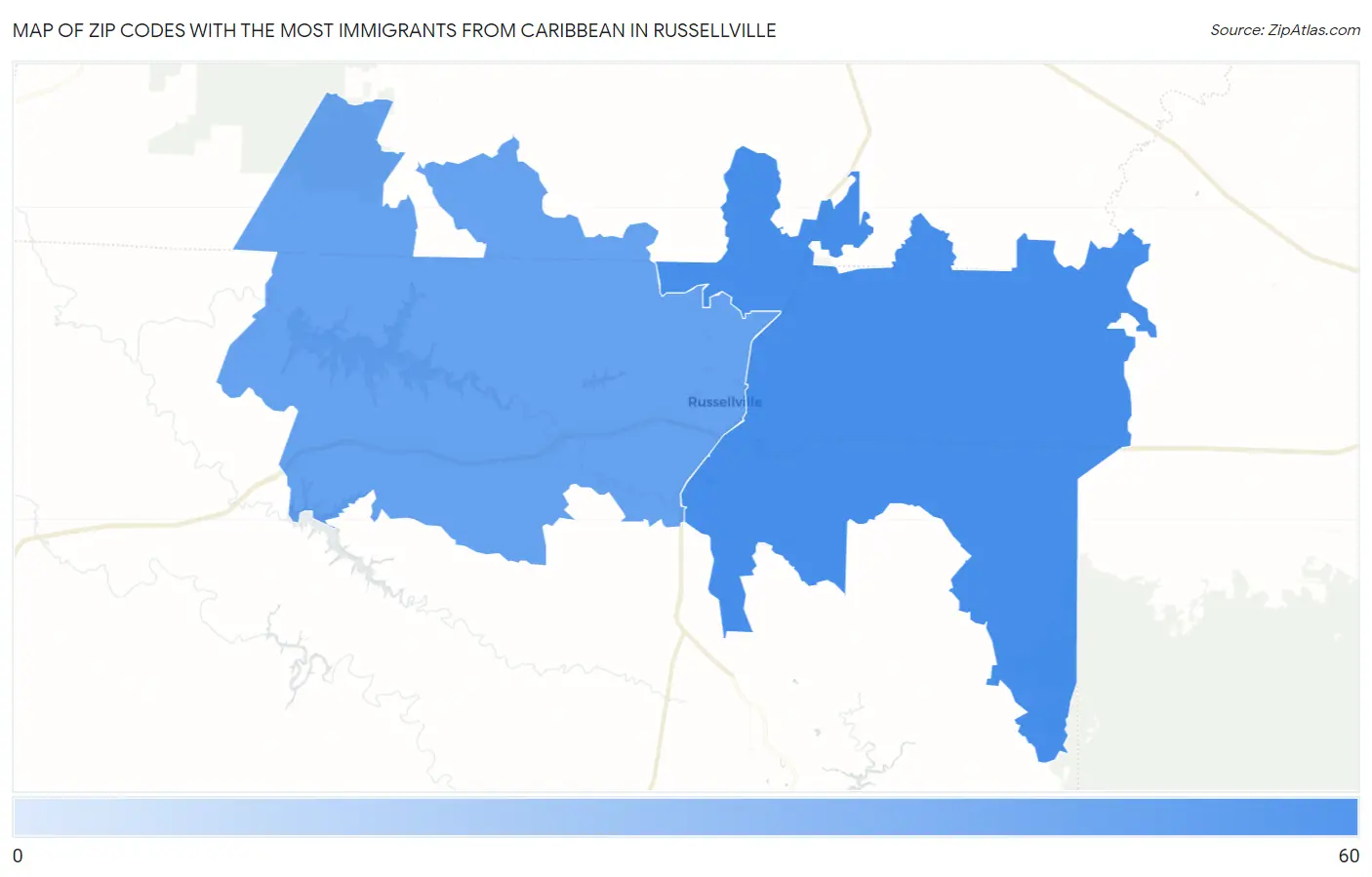 Zip Codes with the Most Immigrants from Caribbean in Russellville Map