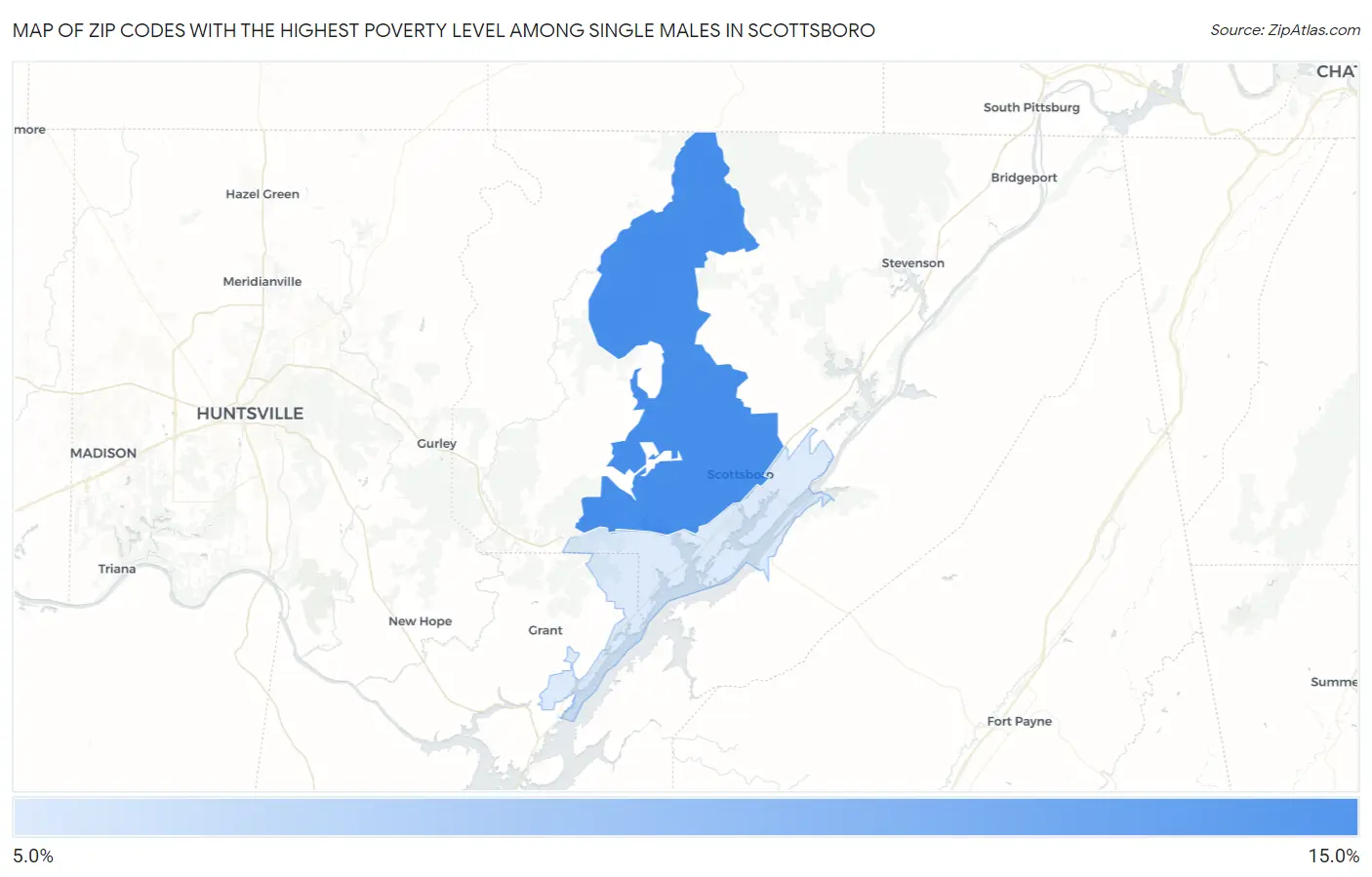Zip Codes with the Highest Poverty Level Among Single Males in Scottsboro Map