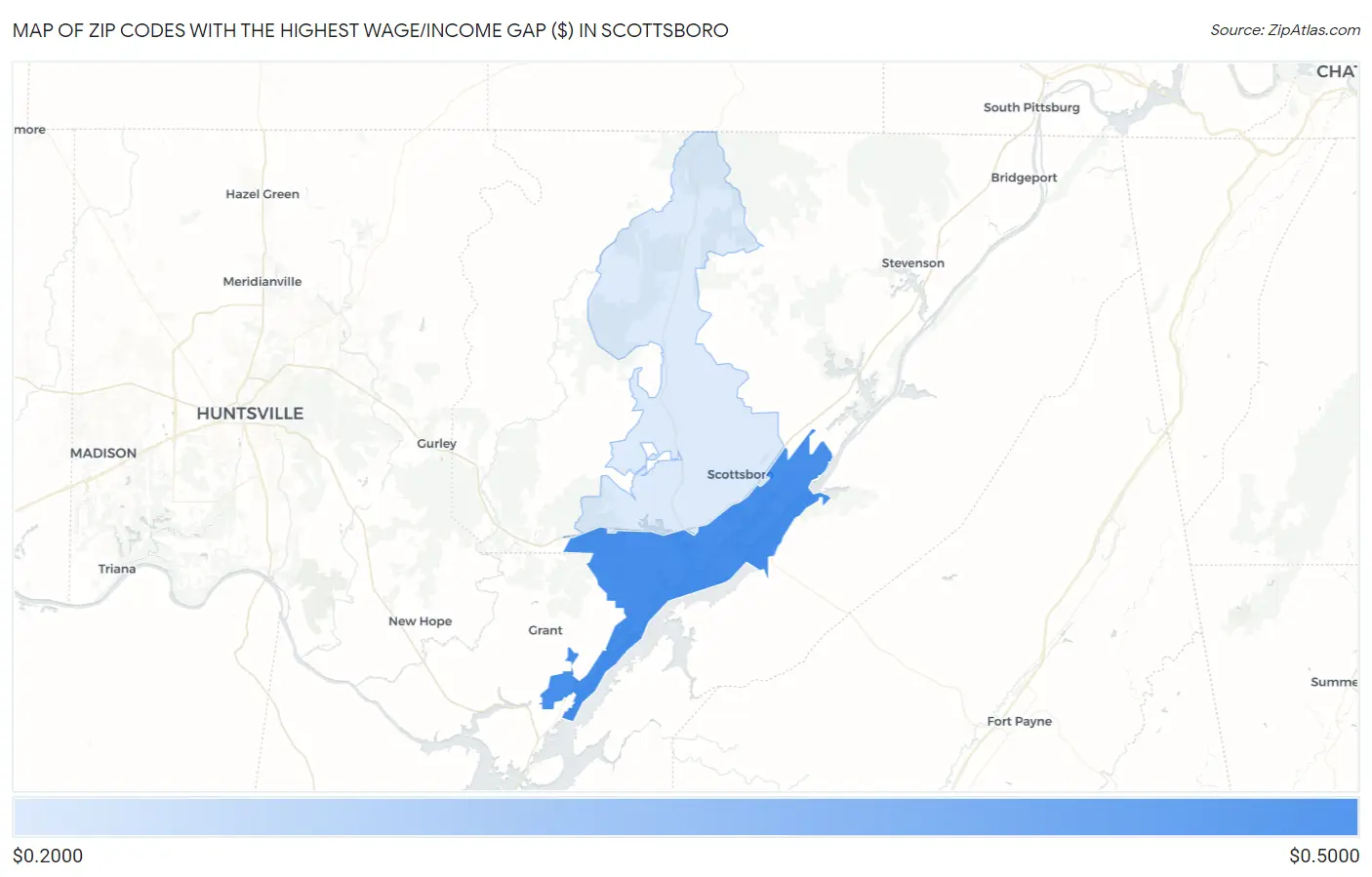 Zip Codes with the Highest Wage/Income Gap ($) in Scottsboro Map