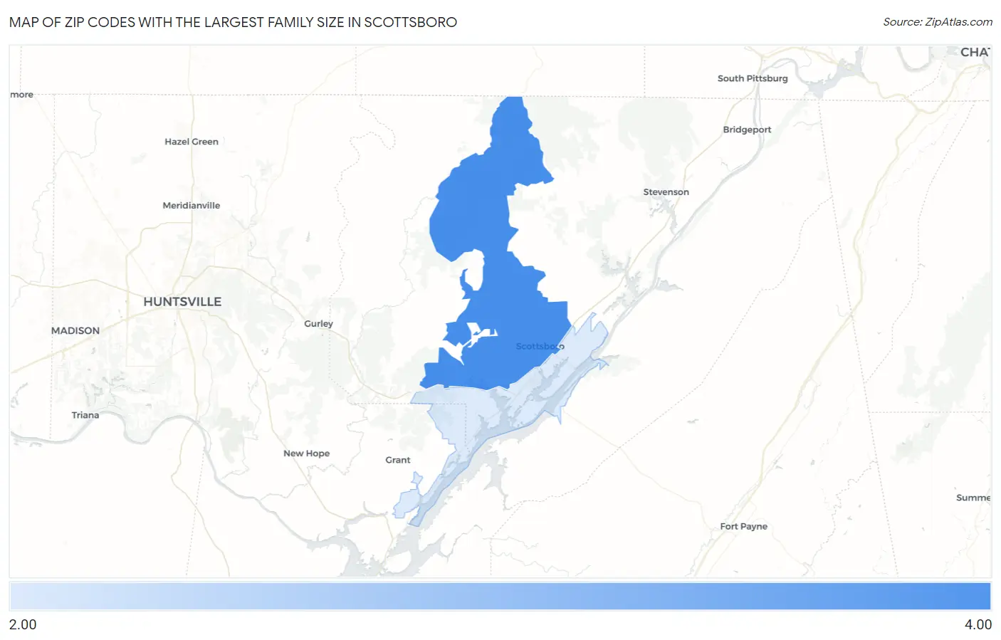 Zip Codes with the Largest Family Size in Scottsboro Map