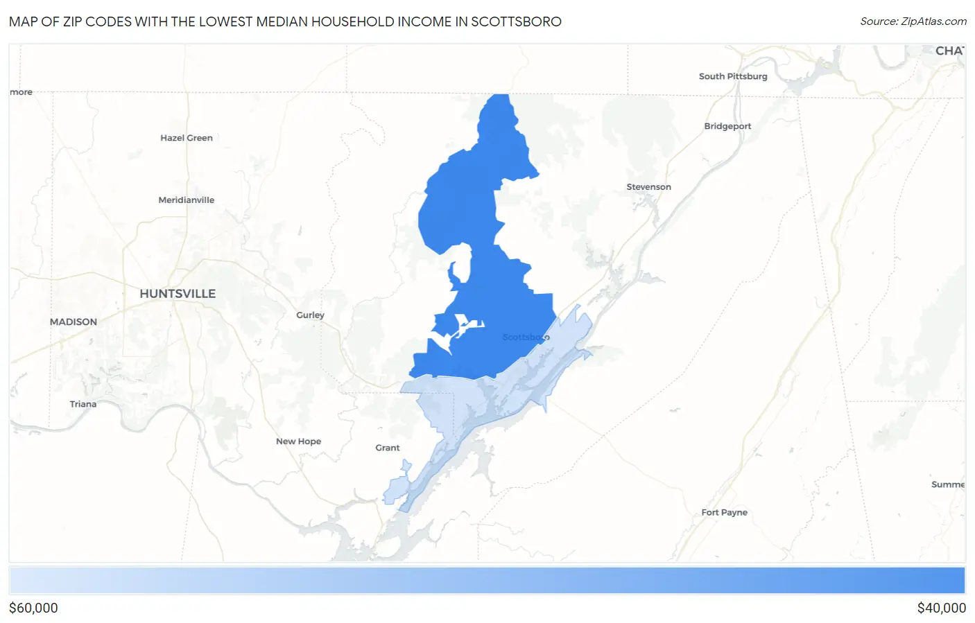 Zip Codes with the Lowest Median Household Income in Scottsboro Map