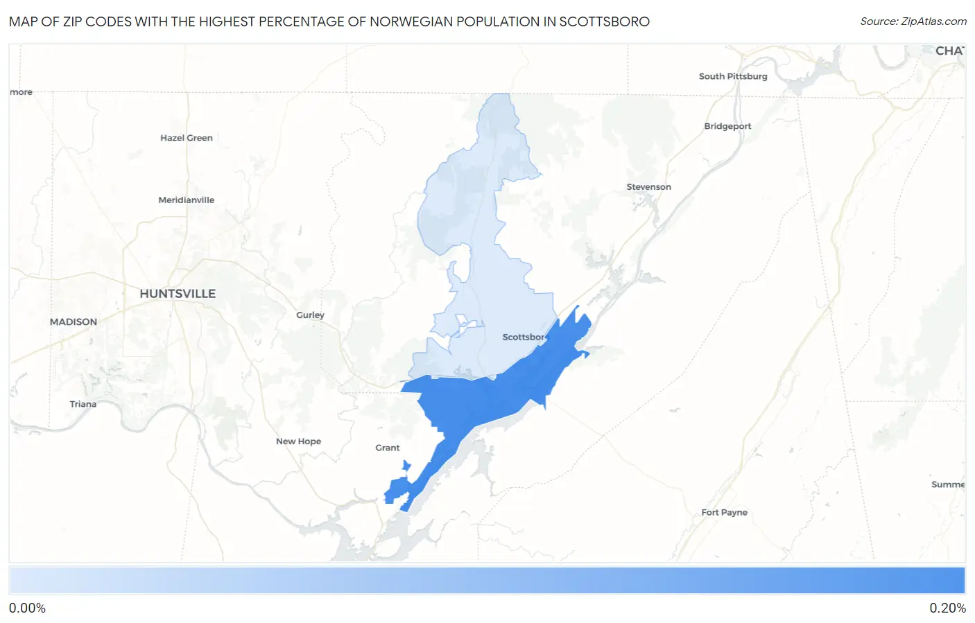 Zip Codes with the Highest Percentage of Norwegian Population in Scottsboro Map