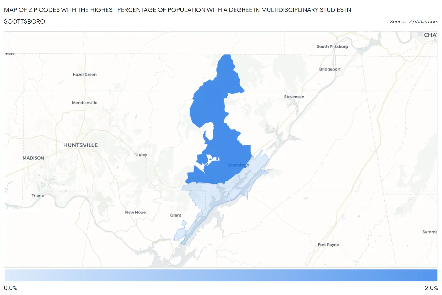 Zip Codes with the Highest Percentage of Population with a Degree in Multidisciplinary Studies in Scottsboro Map