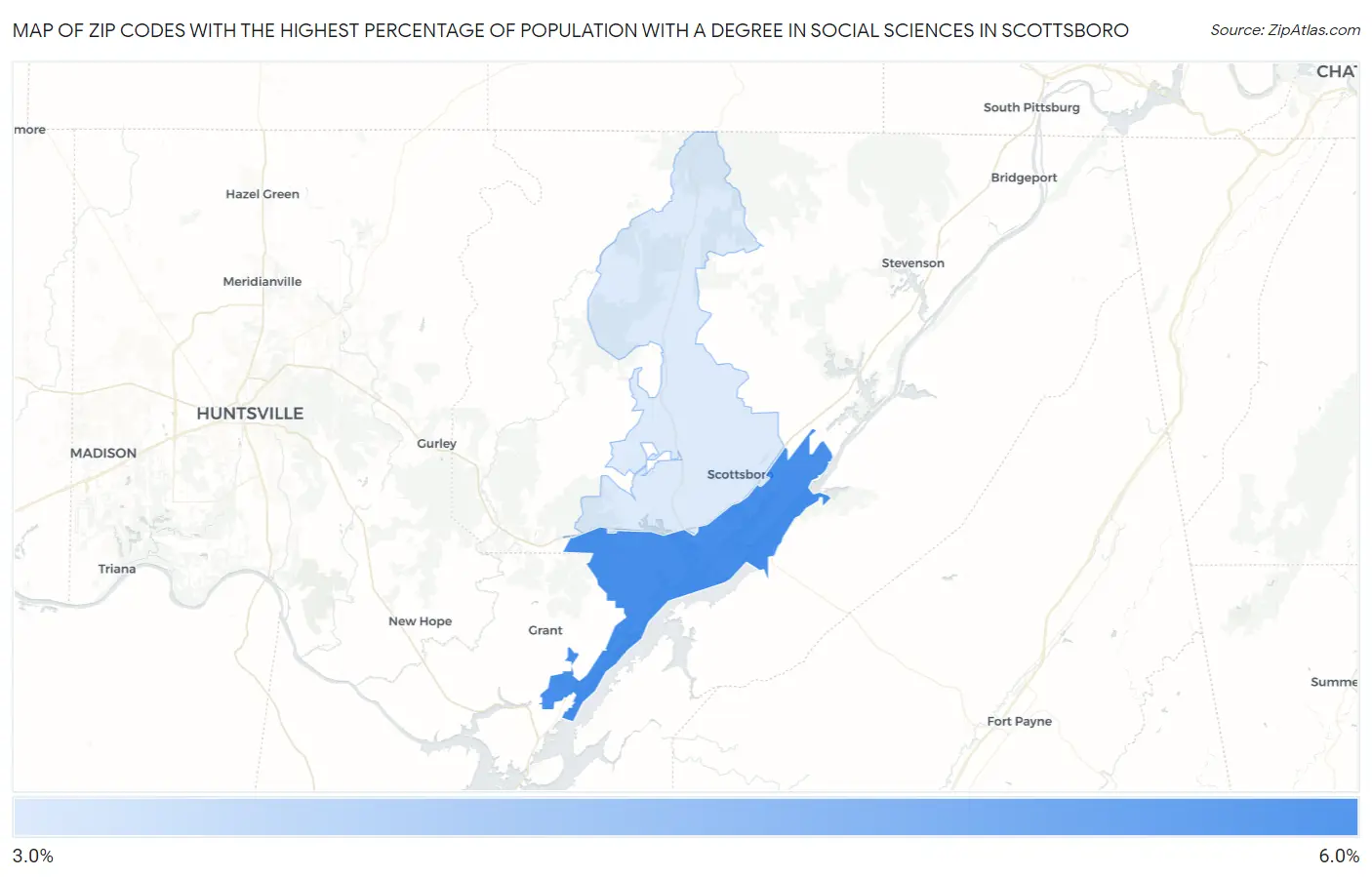 Zip Codes with the Highest Percentage of Population with a Degree in Social Sciences in Scottsboro Map