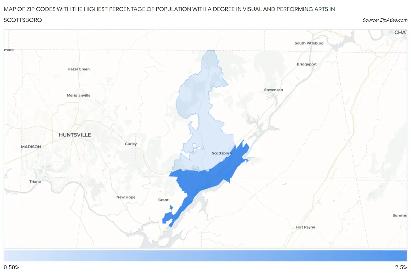 Zip Codes with the Highest Percentage of Population with a Degree in Visual and Performing Arts in Scottsboro Map