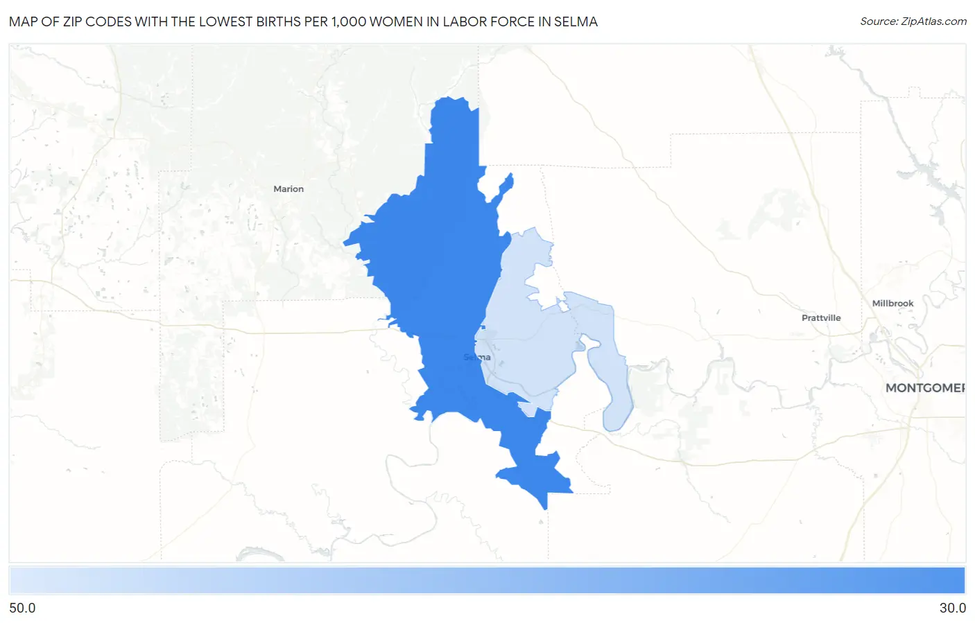 Zip Codes with the Lowest Births per 1,000 Women in Labor Force in Selma Map