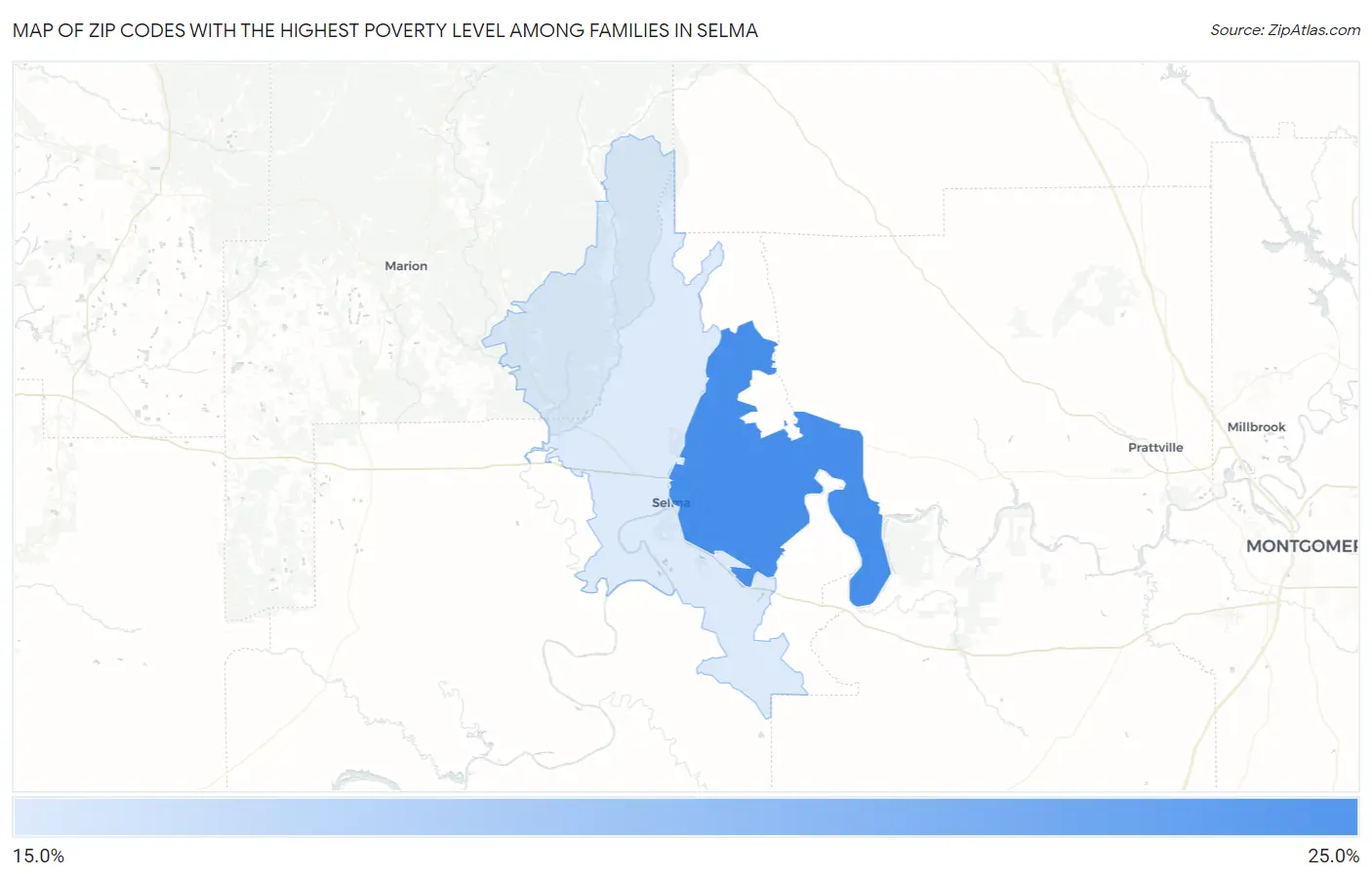 Zip Codes with the Highest Poverty Level Among Families in Selma Map