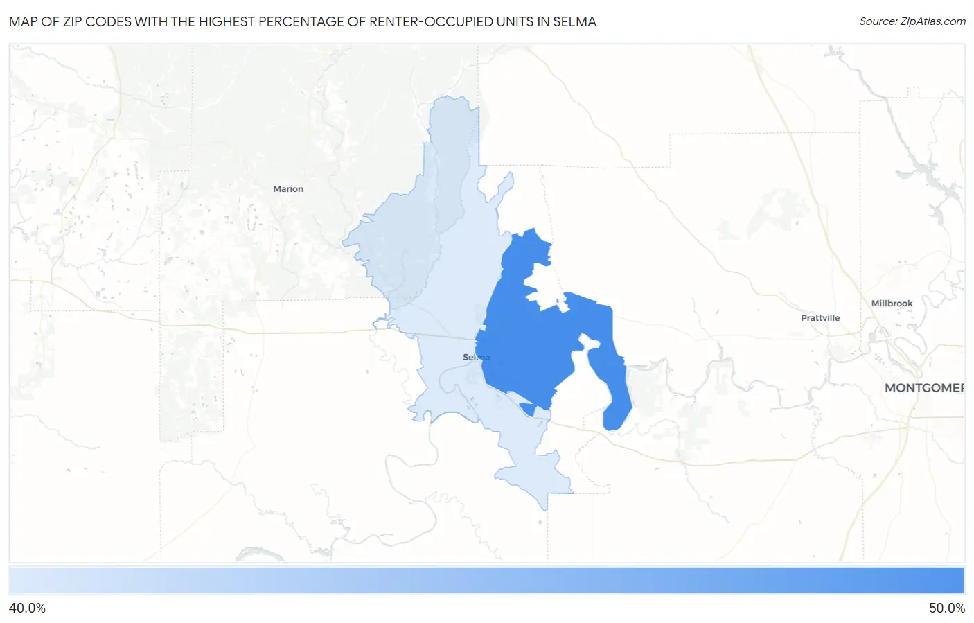 Zip Codes with the Highest Percentage of Renter-Occupied Units in Selma Map