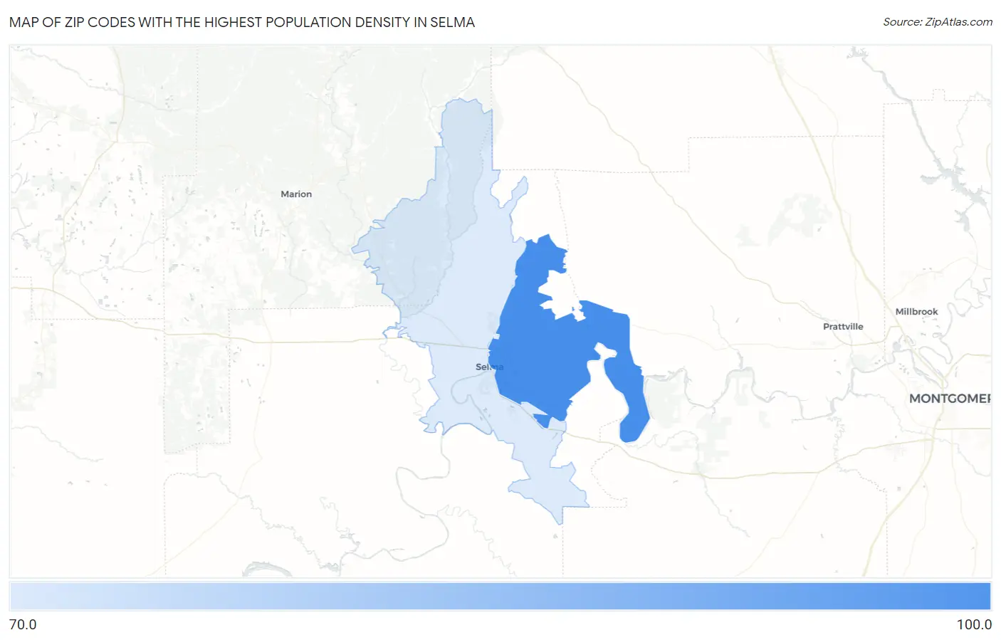 Zip Codes with the Highest Population Density in Selma Map
