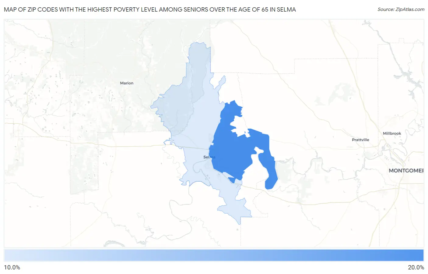 Zip Codes with the Highest Poverty Level Among Seniors Over the Age of 65 in Selma Map