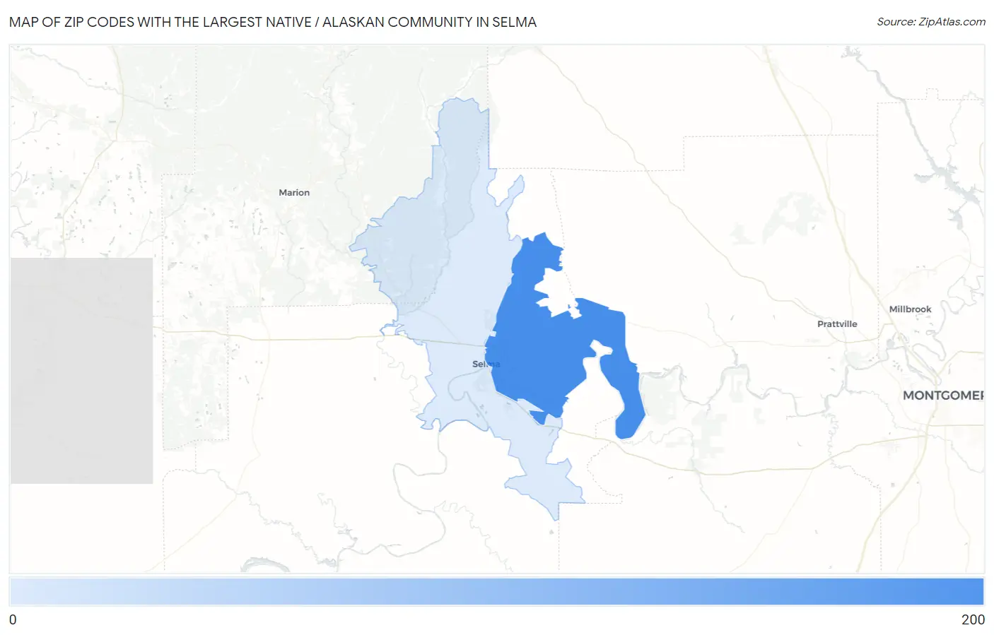 Zip Codes with the Largest Native / Alaskan Community in Selma Map