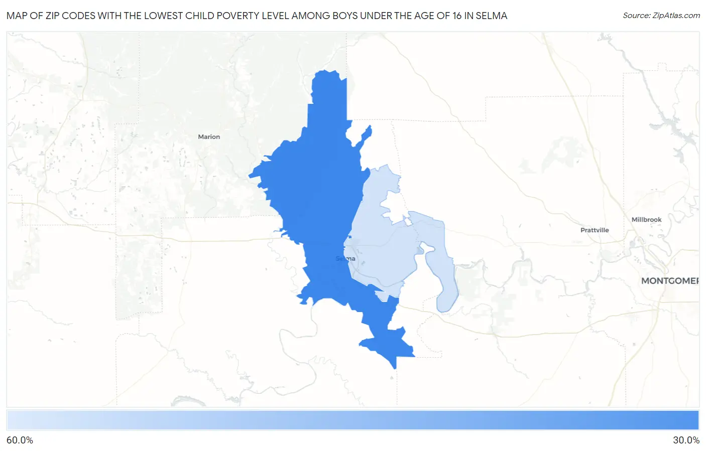 Zip Codes with the Lowest Child Poverty Level Among Boys Under the Age of 16 in Selma Map