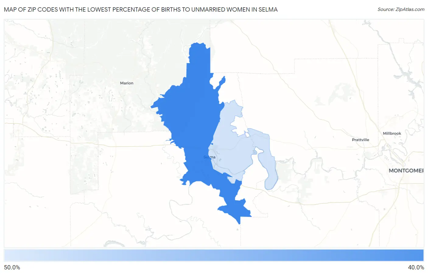 Zip Codes with the Lowest Percentage of Births to Unmarried Women in Selma Map