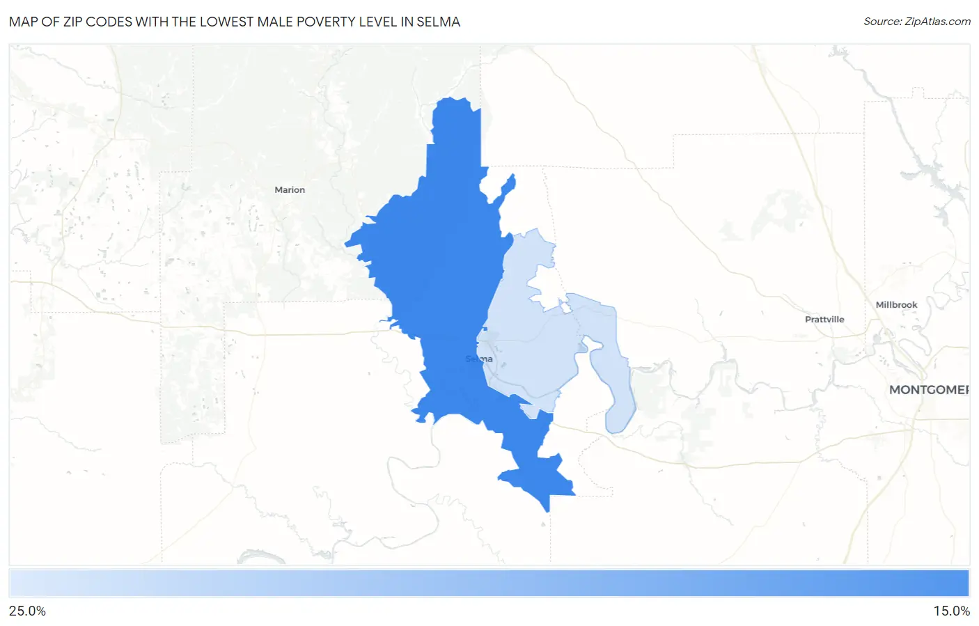 Zip Codes with the Lowest Male Poverty Level in Selma Map