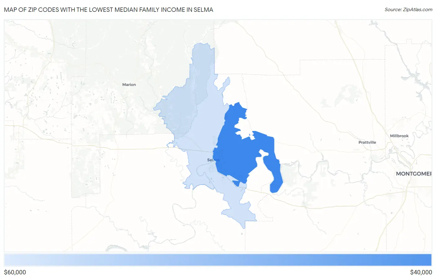 Zip Codes with the Lowest Median Family Income in Selma Map