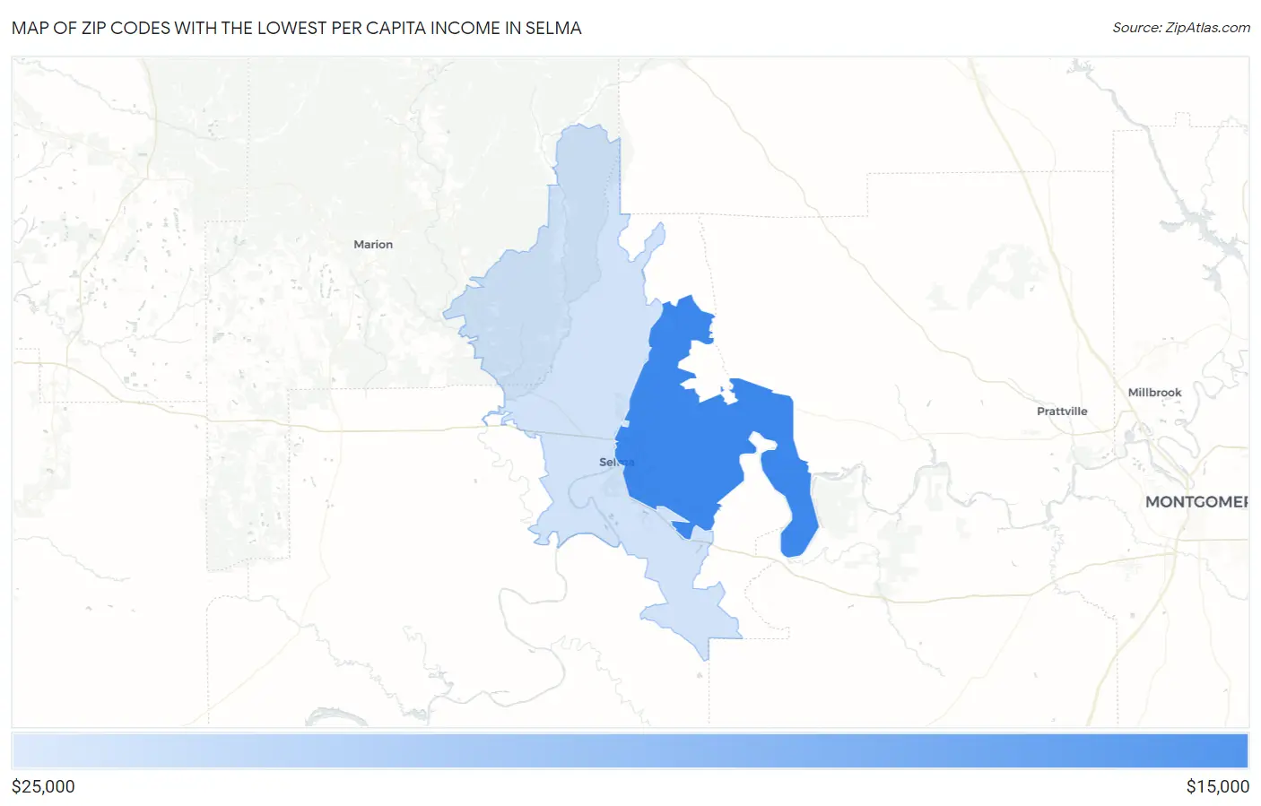 Zip Codes with the Lowest Per Capita Income in Selma Map