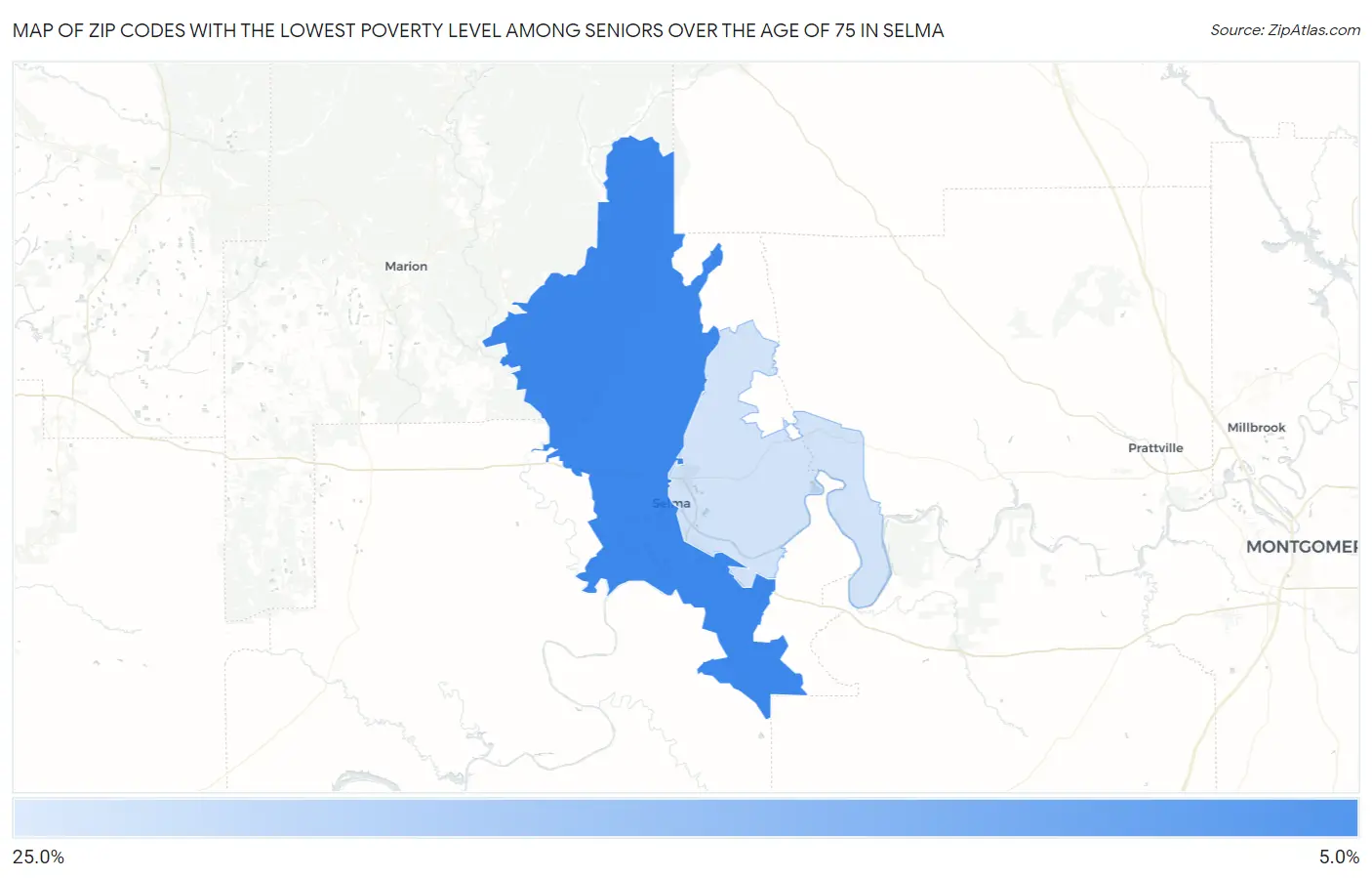Zip Codes with the Lowest Poverty Level Among Seniors Over the Age of 75 in Selma Map