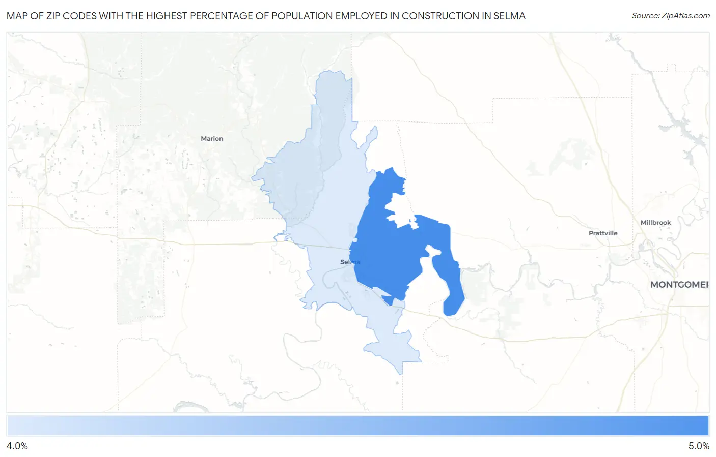 Zip Codes with the Highest Percentage of Population Employed in Construction in Selma Map