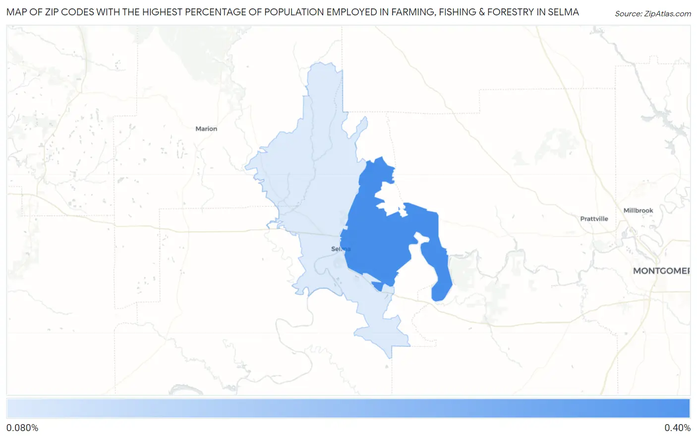 Zip Codes with the Highest Percentage of Population Employed in Farming, Fishing & Forestry in Selma Map