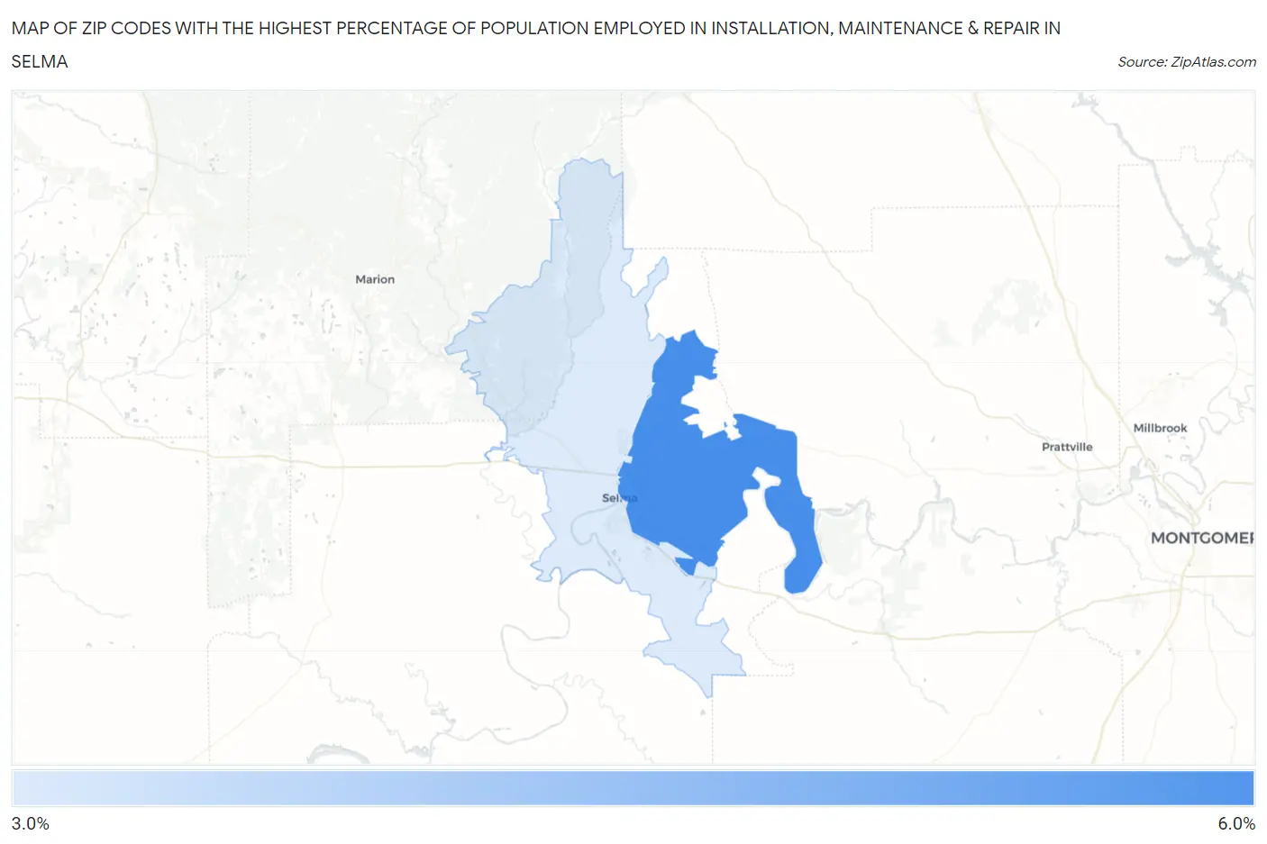 Zip Codes with the Highest Percentage of Population Employed in Installation, Maintenance & Repair in Selma Map