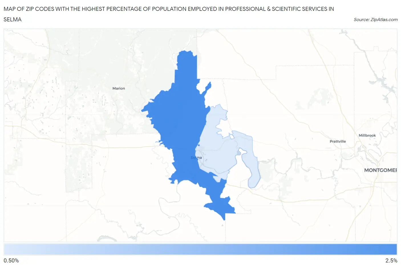 Zip Codes with the Highest Percentage of Population Employed in Professional & Scientific Services in Selma Map