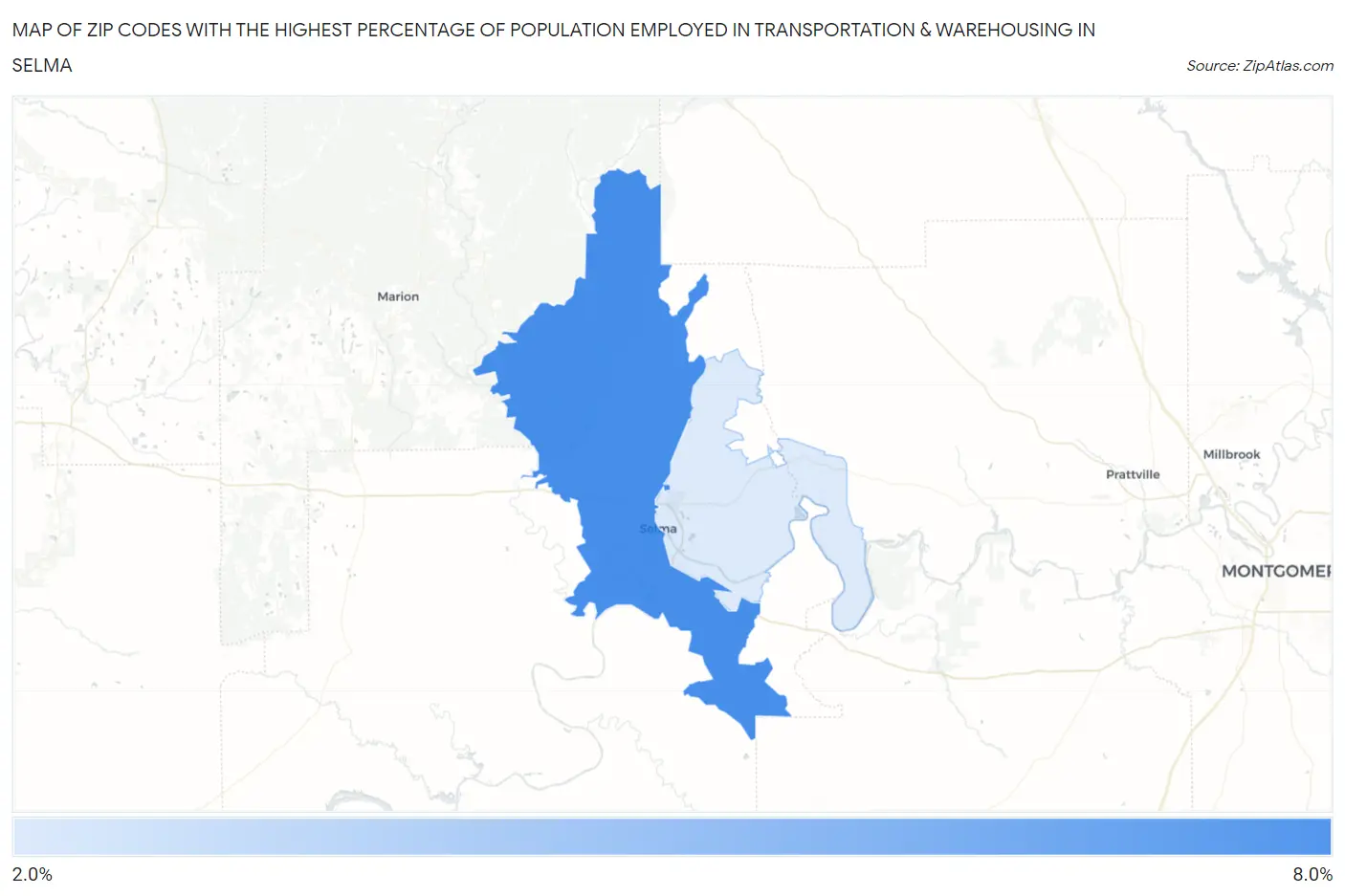 Zip Codes with the Highest Percentage of Population Employed in Transportation & Warehousing in Selma Map