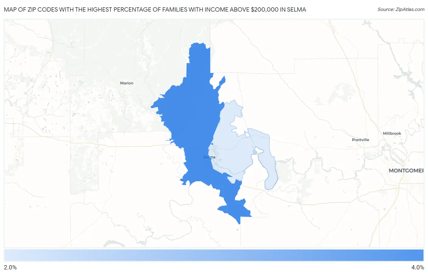 Zip Codes with the Highest Percentage of Families with Income Above $200,000 in Selma Map