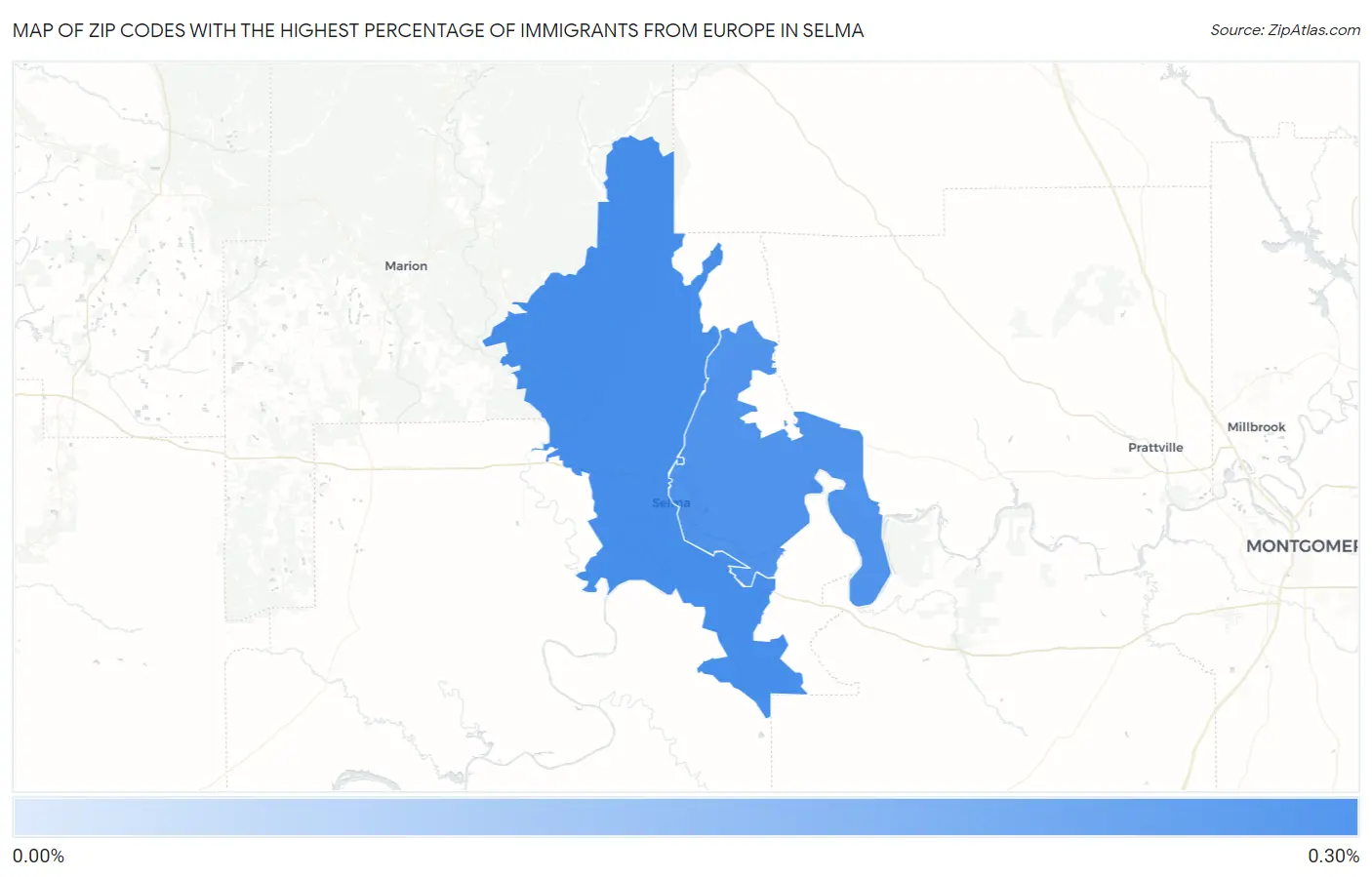 Zip Codes with the Highest Percentage of Immigrants from Europe in Selma Map