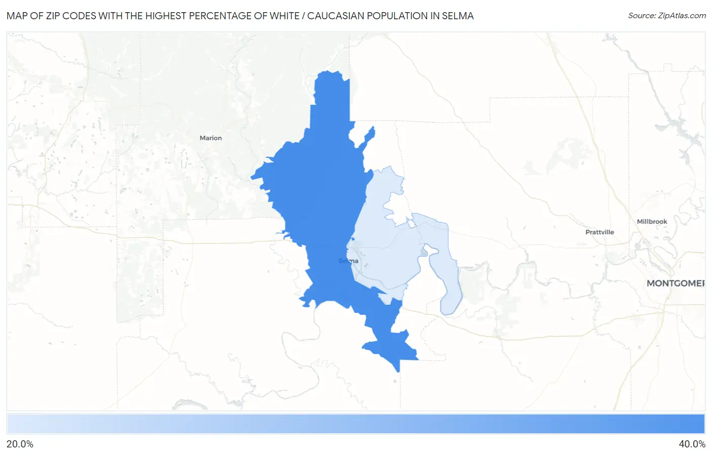 Zip Codes with the Highest Percentage of White / Caucasian Population in Selma Map