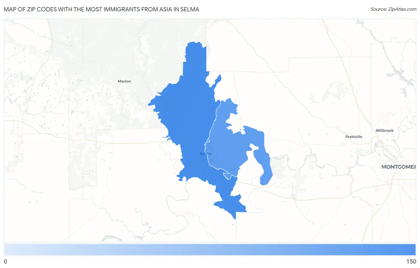 Zip Codes with the Most Immigrants from Asia in Selma Map