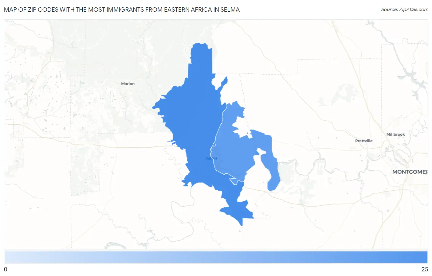 Zip Codes with the Most Immigrants from Eastern Africa in Selma Map