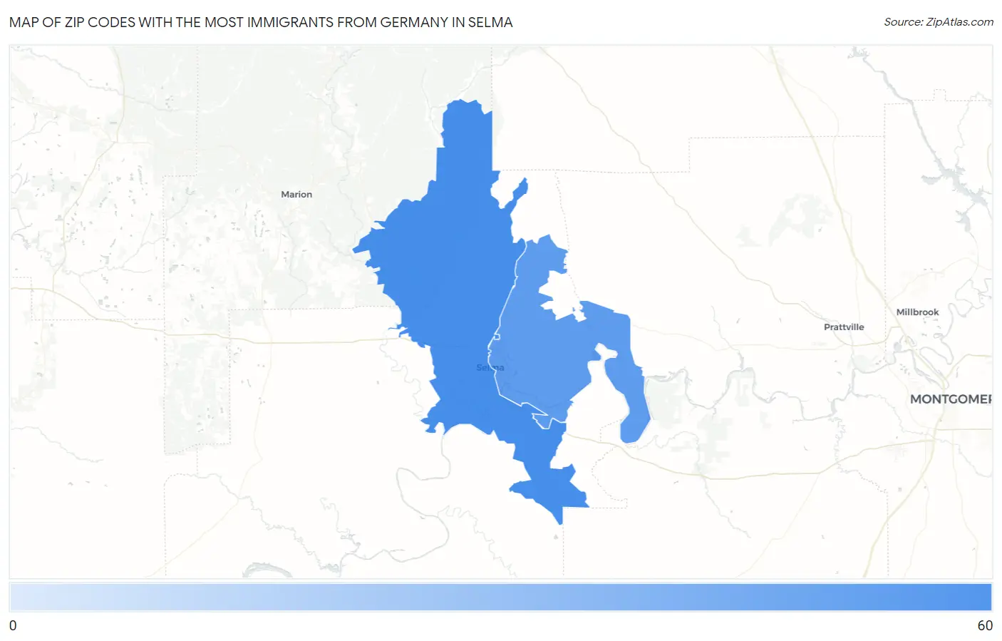 Zip Codes with the Most Immigrants from Germany in Selma Map