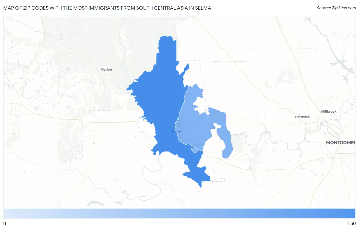 Zip Codes with the Most Immigrants from South Central Asia in Selma Map