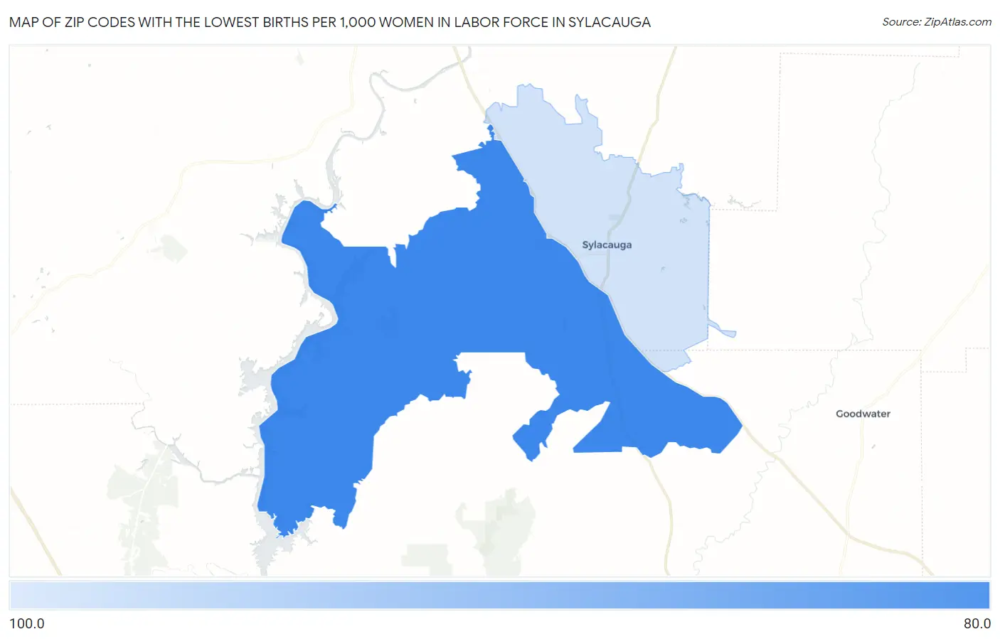 Zip Codes with the Lowest Births per 1,000 Women in Labor Force in Sylacauga Map
