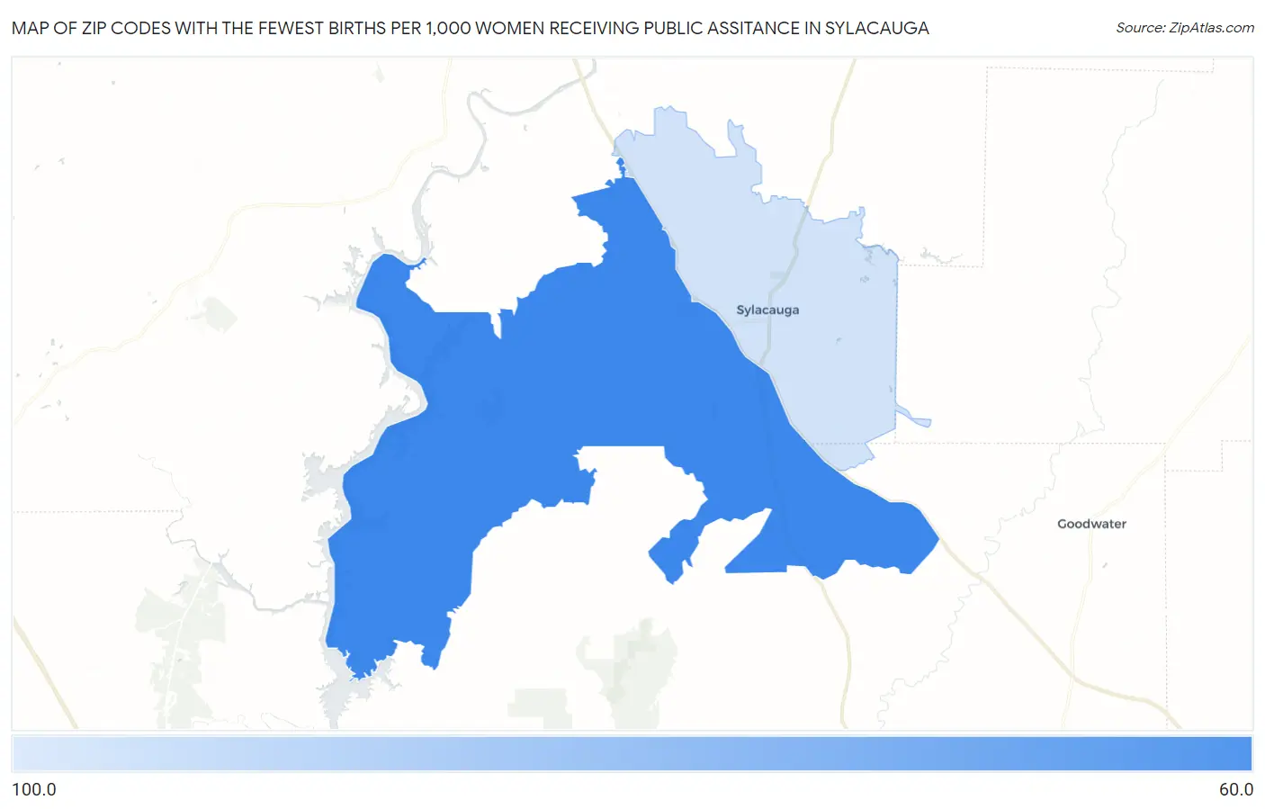 Zip Codes with the Fewest Births per 1,000 Women Receiving Public Assitance in Sylacauga Map