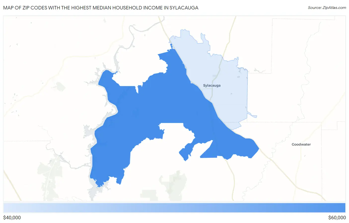 Zip Codes with the Highest Median Household Income in Sylacauga Map