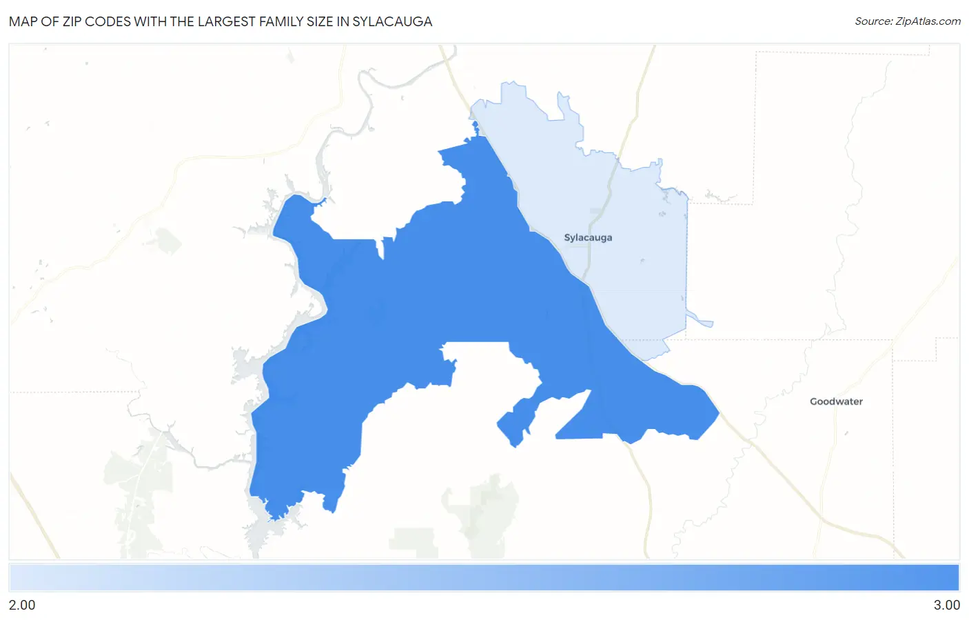 Zip Codes with the Largest Family Size in Sylacauga Map