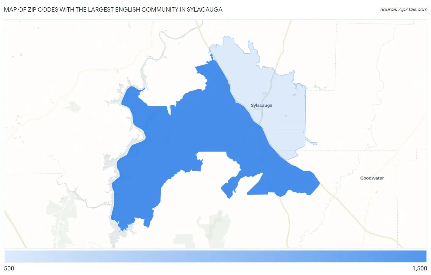 Zip Codes with the Largest English Community in Sylacauga Map