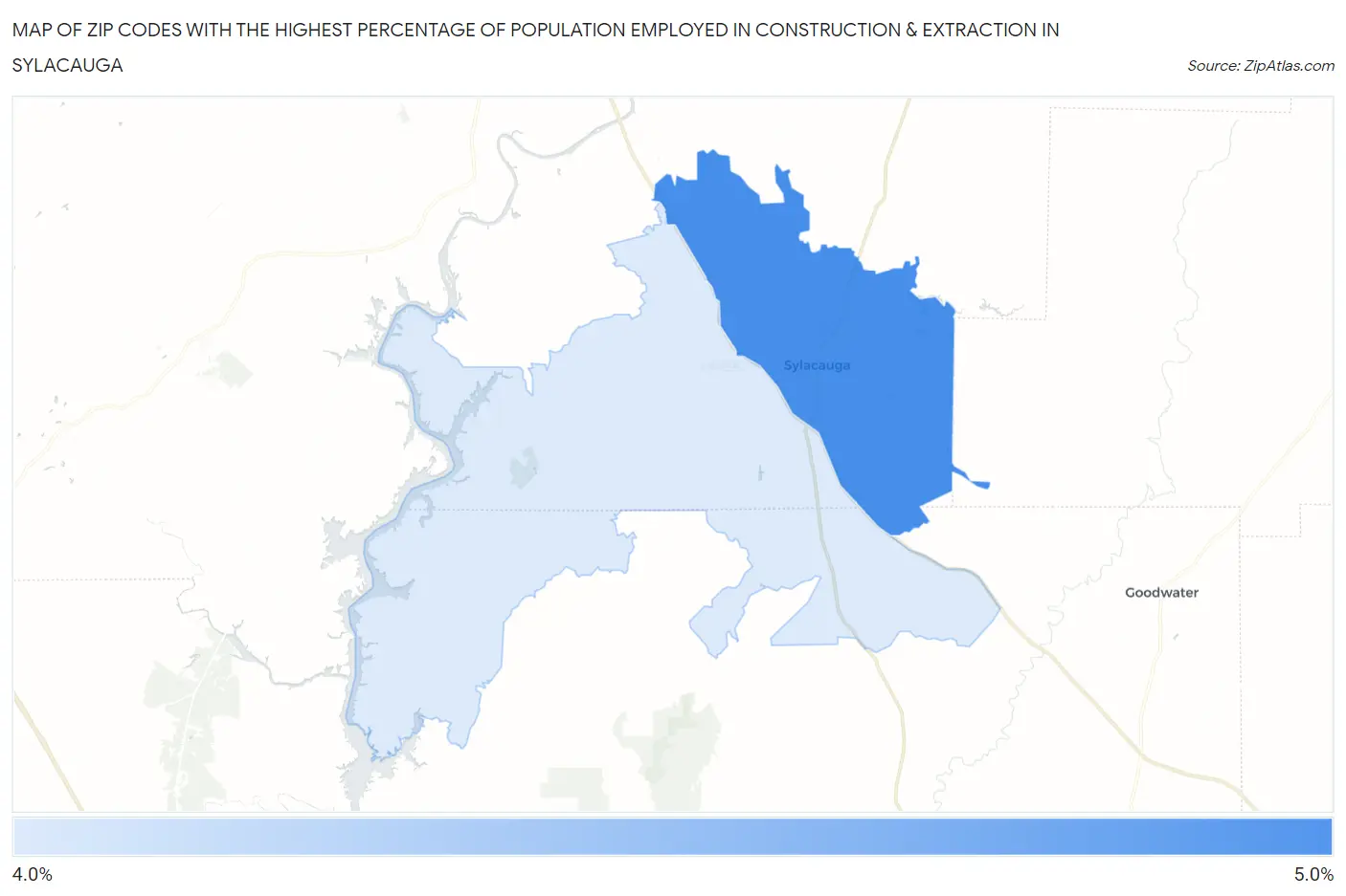 Zip Codes with the Highest Percentage of Population Employed in Construction & Extraction in Sylacauga Map