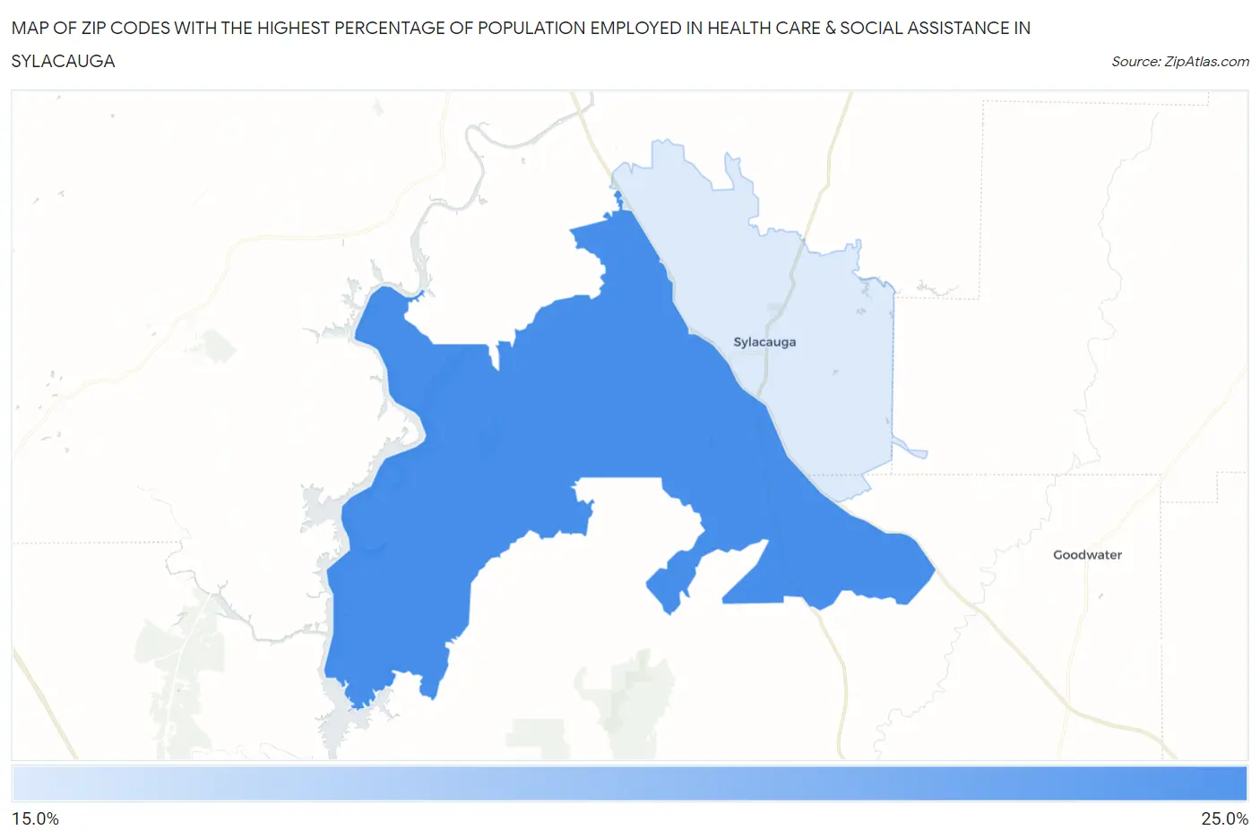 Zip Codes with the Highest Percentage of Population Employed in Health Care & Social Assistance in Sylacauga Map