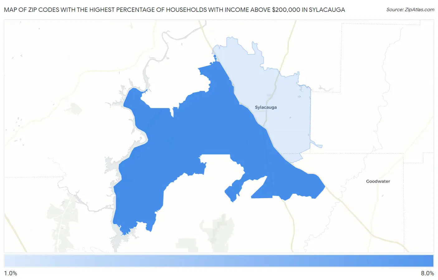 Zip Codes with the Highest Percentage of Households with Income Above $200,000 in Sylacauga Map