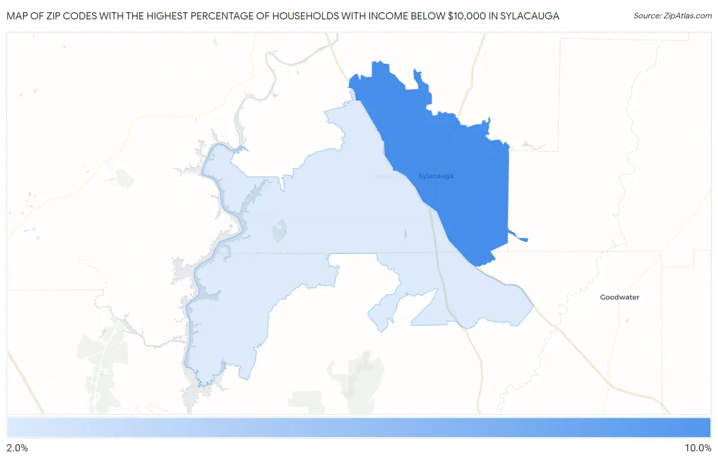 Zip Codes with the Highest Percentage of Households with Income Below $10,000 in Sylacauga Map